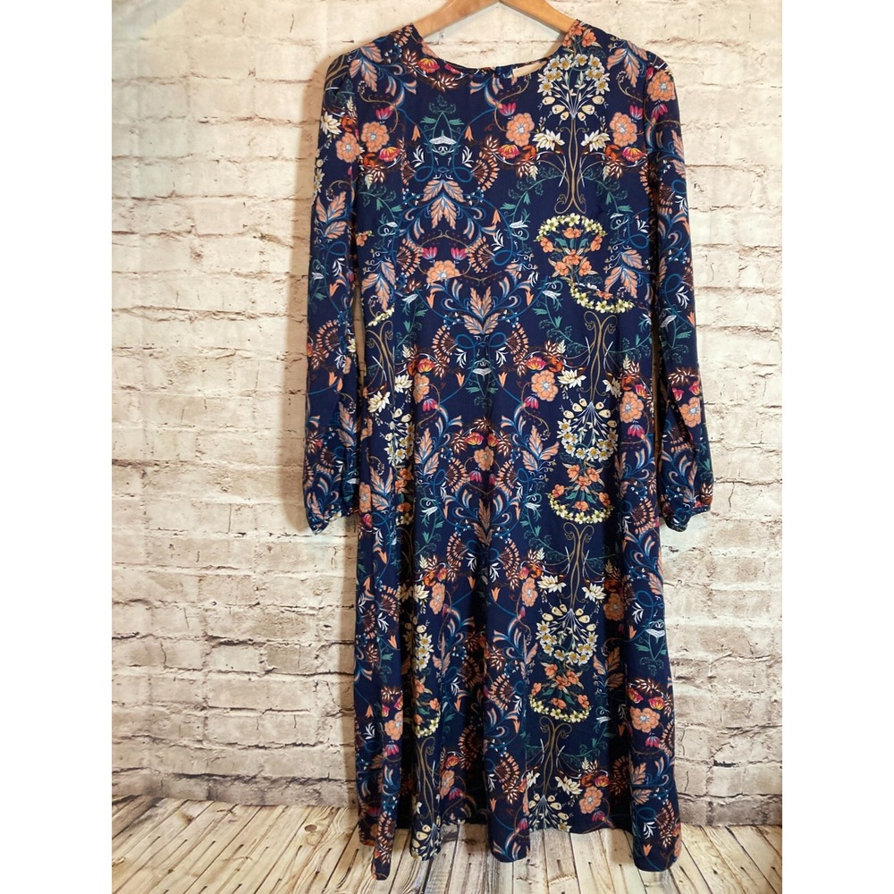 I. MADELINE Peasant Dress Womens Large Navy Floral High Neck Lightweight Flowy